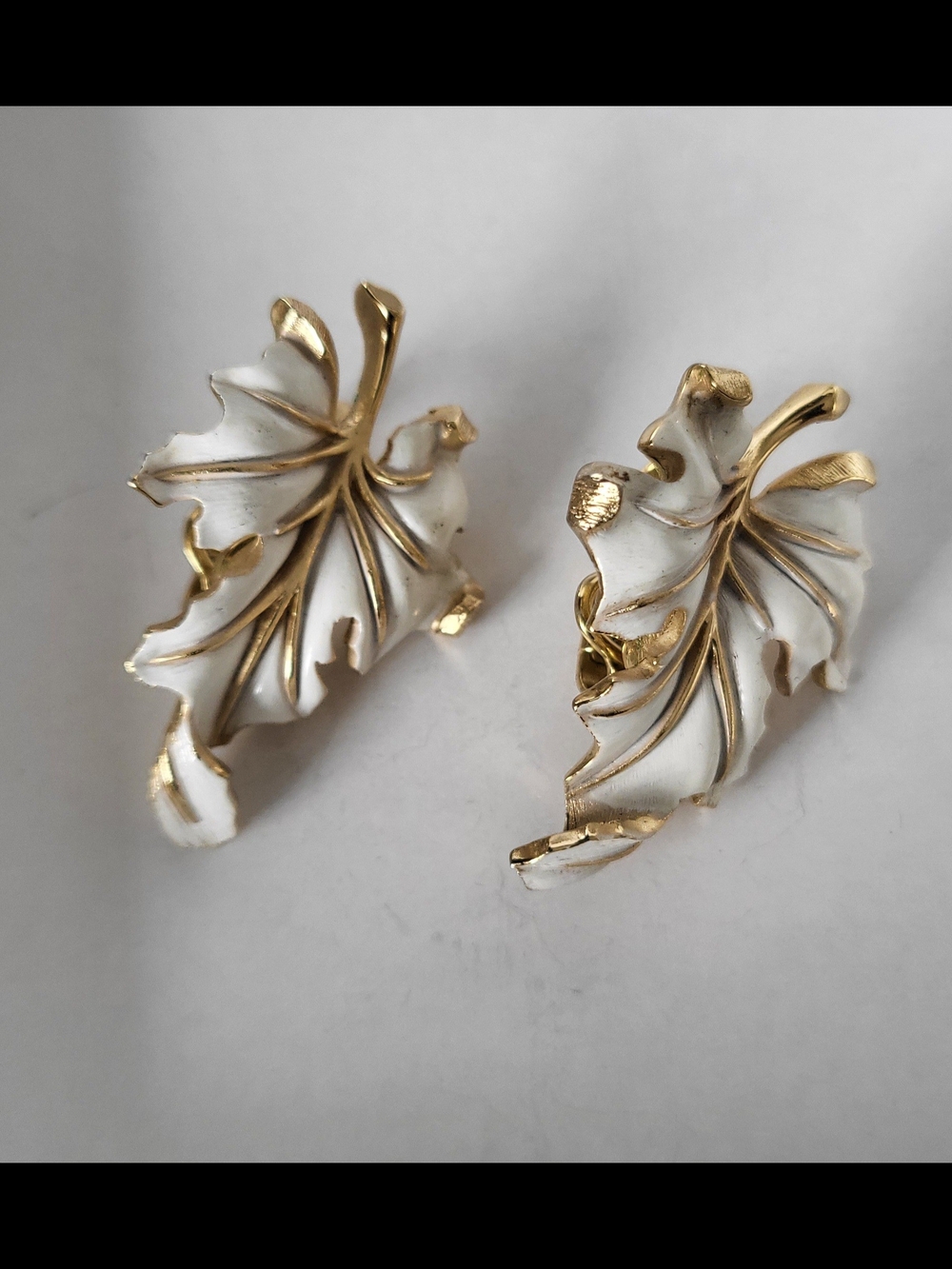 Vintage Trifari Gold-Trim White Enamel Leaf Clip-On Earrings